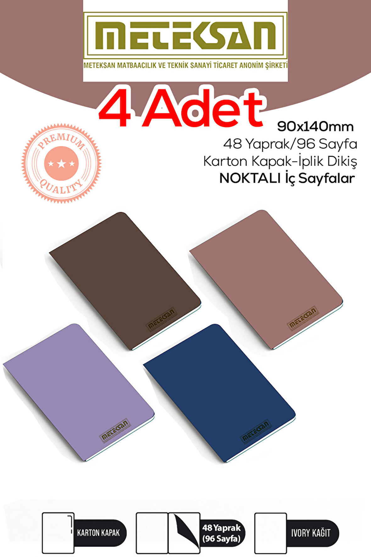 4'lü 9x14 Cm Ebat Not Defteri ivory Kağıt Dokulu Karton Kapak İplik Dikiş