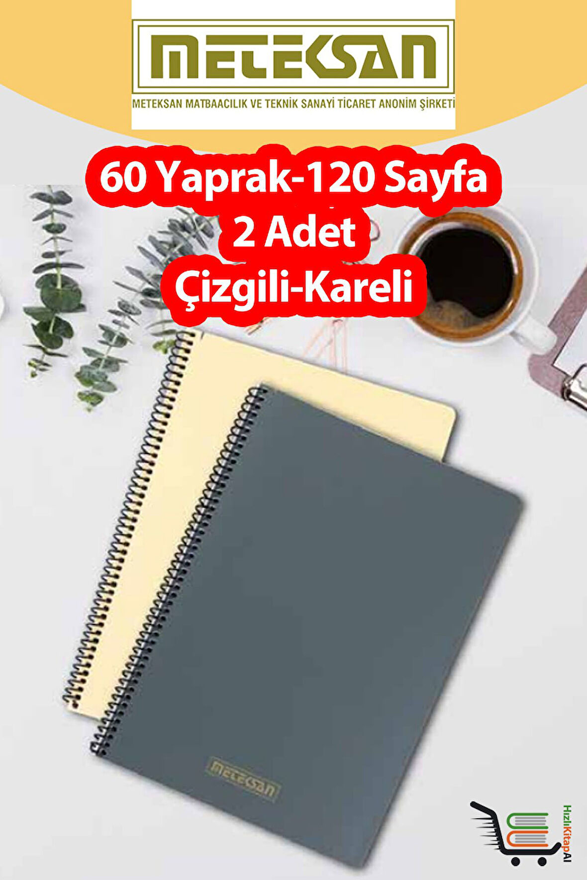 2 Adet A4 Ebat 60 Yaprak(120 Sayfa) Spiralli Plastik Kapaklı Okul Defteri-Meteksan