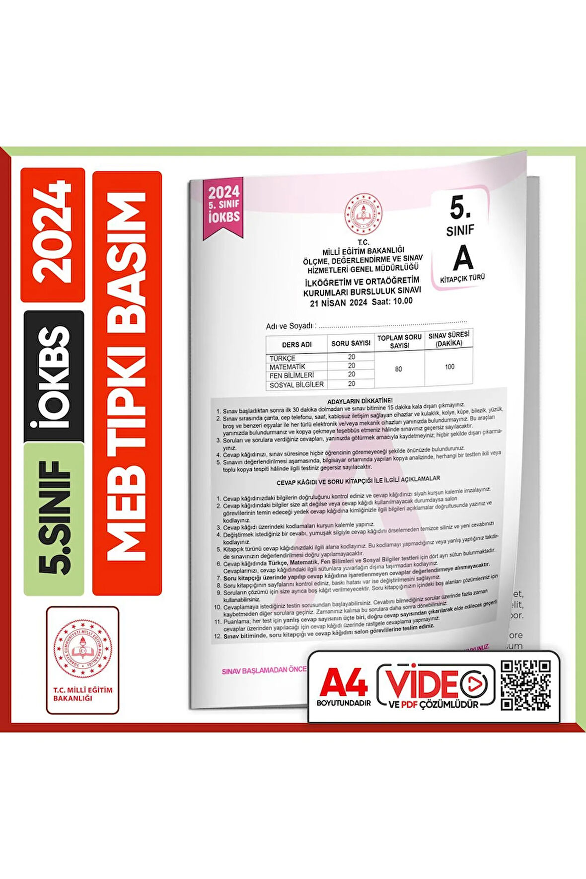 2024 5.sınıf Iokbs Bursluluk Meb Tıpkı Basım Çıkmış Soru Kitapçığı Video/pdf Çözümlü Türkiye Geneli