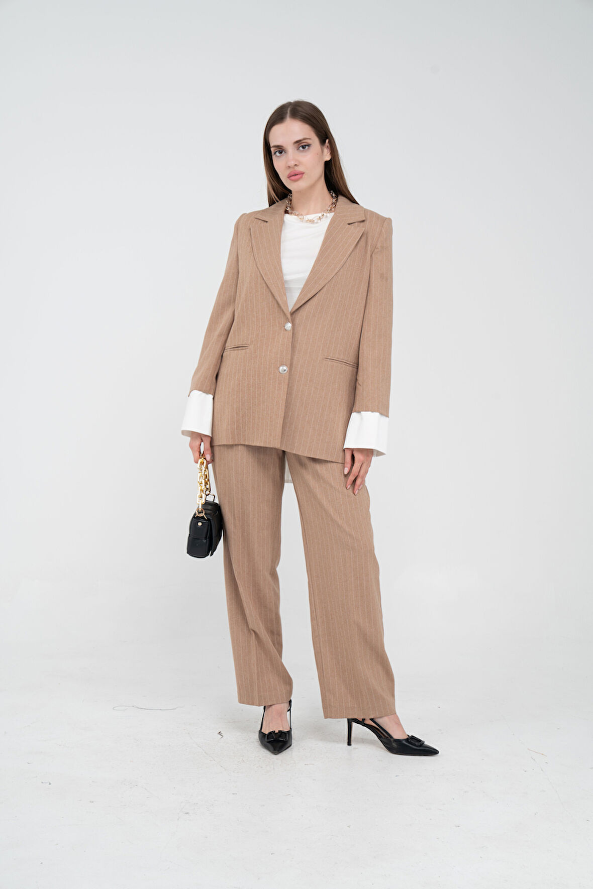 Asmetrik Kesim Gömlek Deteylı Blazer Ceket Pantolon Takım TKM08013