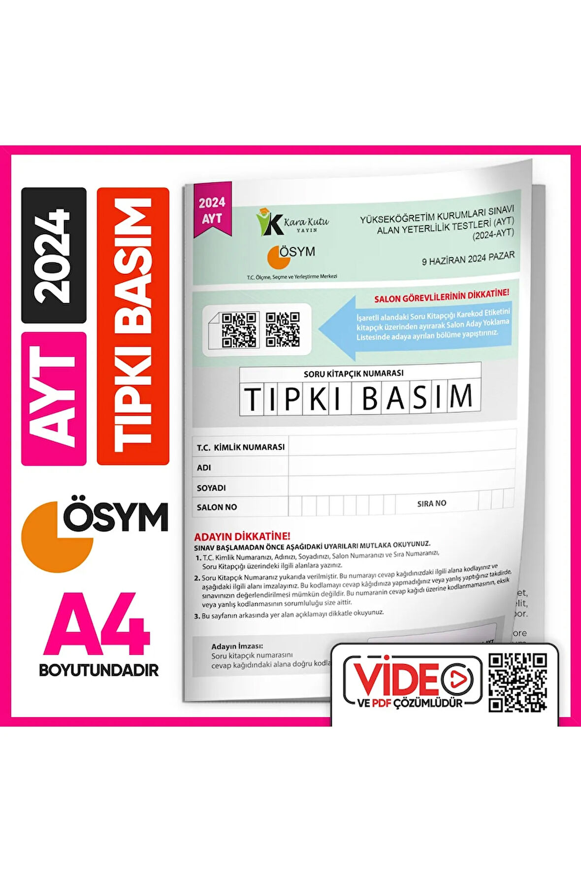 2024 YKS-AYT (SAY-TM) ÖSYM Tıpkı Basım Çıkmış Soru Kitapçığı (Video Çözümlü Türkiye Geneli)