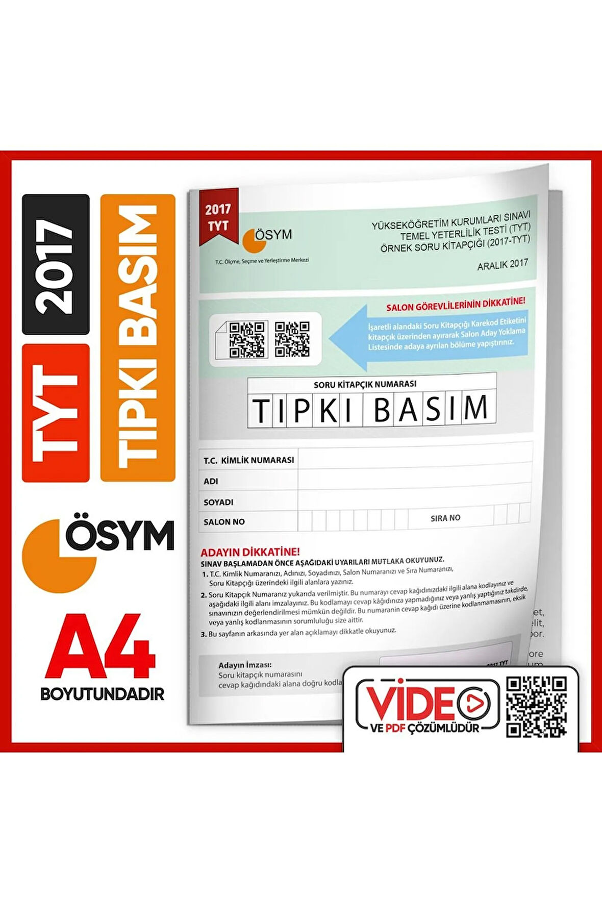 2017 Yks-tyt (ÖRNEK) Ösym Tıpkı Basım Çıkmış Soru Deneme Kitapçığı (VİDEO ÇÖZÜMLÜ TÜRKİYE GENELİ)
