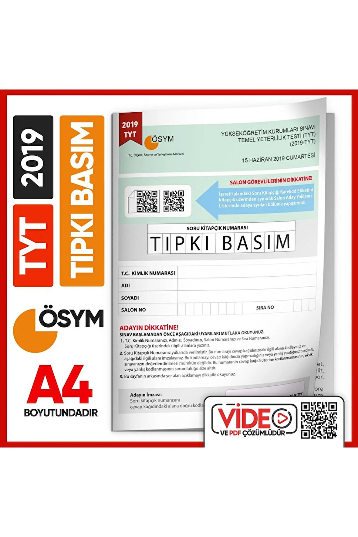 2019 Yks-tyt (SAY-TM-SÖZ) Ösym Tıpkı Basım Çıkmış Soru Kitapçığı (VİDEO ÇÖZÜMLÜ TÜRKİYE GENELİ)
