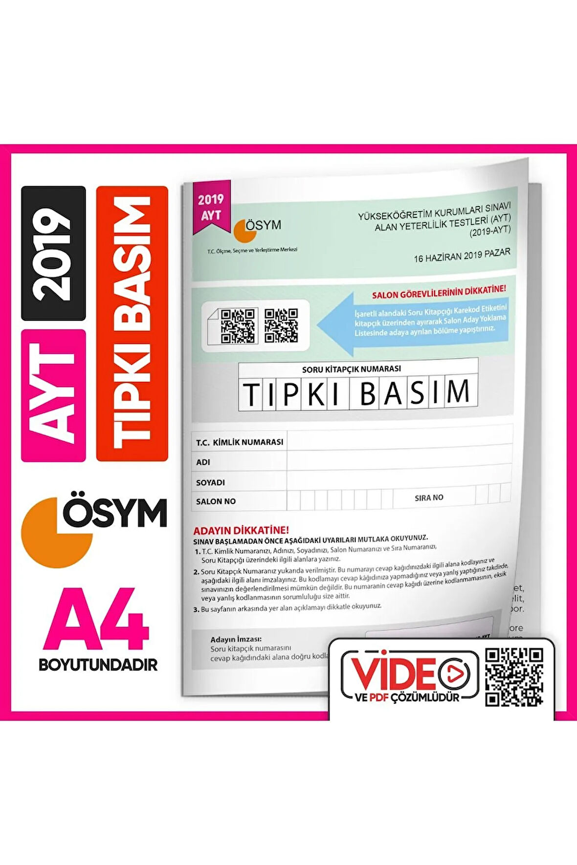 2019 Yks-ayt (SAY-TM) Ösym Tıpkı Basım Çıkmış Soru Deneme Kitapçığı (VİDEO ÇÖZÜMLÜ TÜRKİYE GENELİ)
