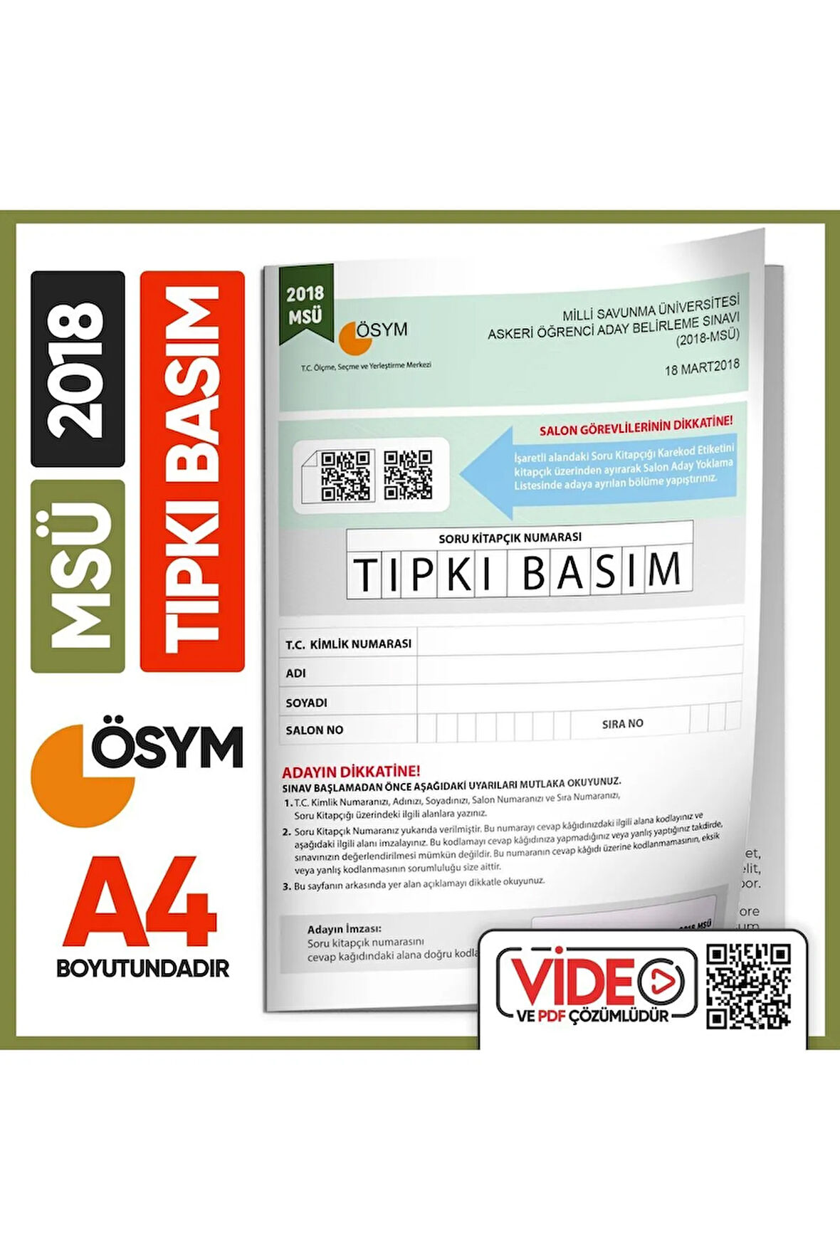 2018 Msü Ösym Tıpkı Basım Çıkmış Soru Deneme Kitapçığı (VİDEO ÇÖZÜMLÜ TÜRKİYE GENELİ)
