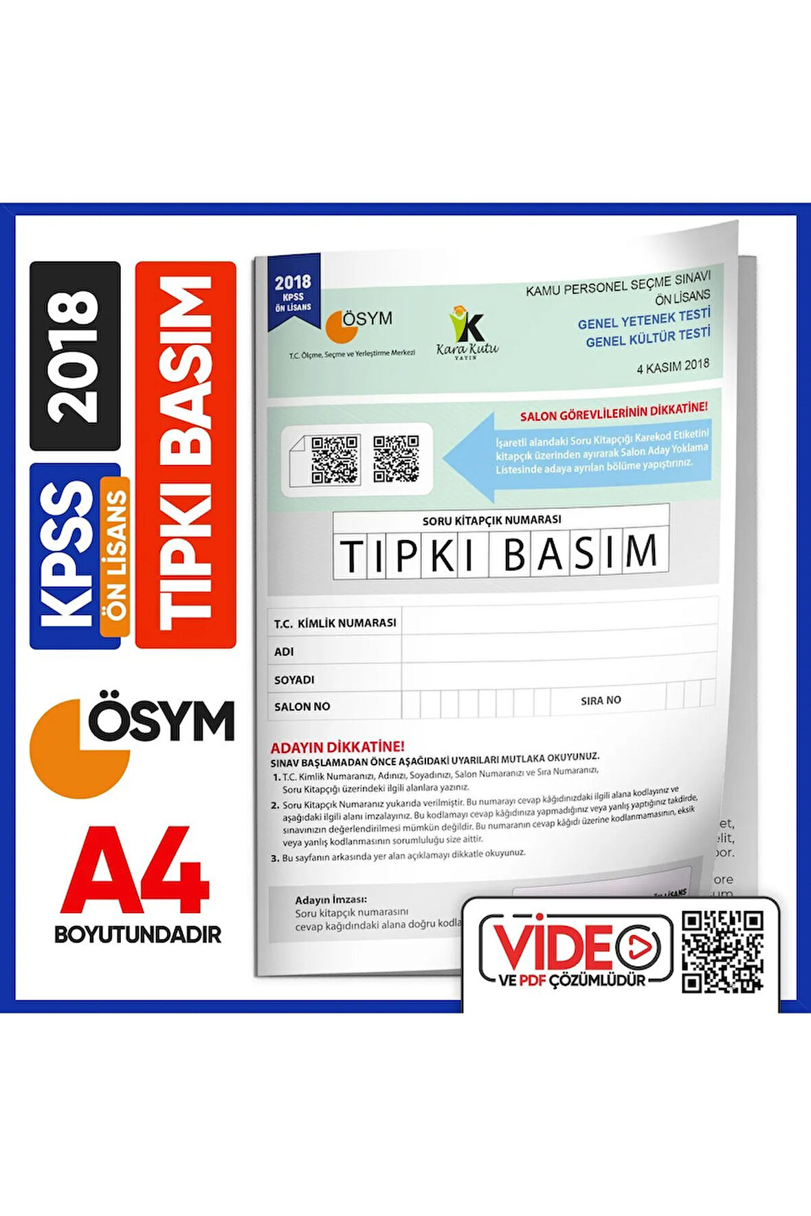 2018 Kpss Önlisans Ösym Tıpkı Basım Çıkmış Soru Deneme Kitapçığı Video/pdf Çözümlü Türkiye Geneli