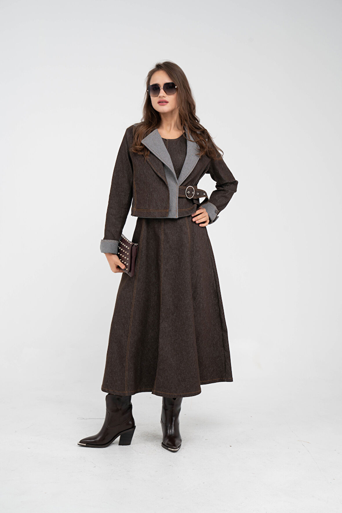 Kontrast Detaylı Kısa Ceket & Uzun Elbise İkili Kadın Takım 9003