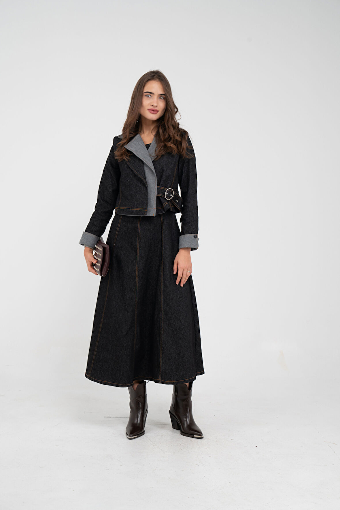 Kontrast Detaylı Kısa Ceket & Uzun Elbise İkili Kadın Takım 9003