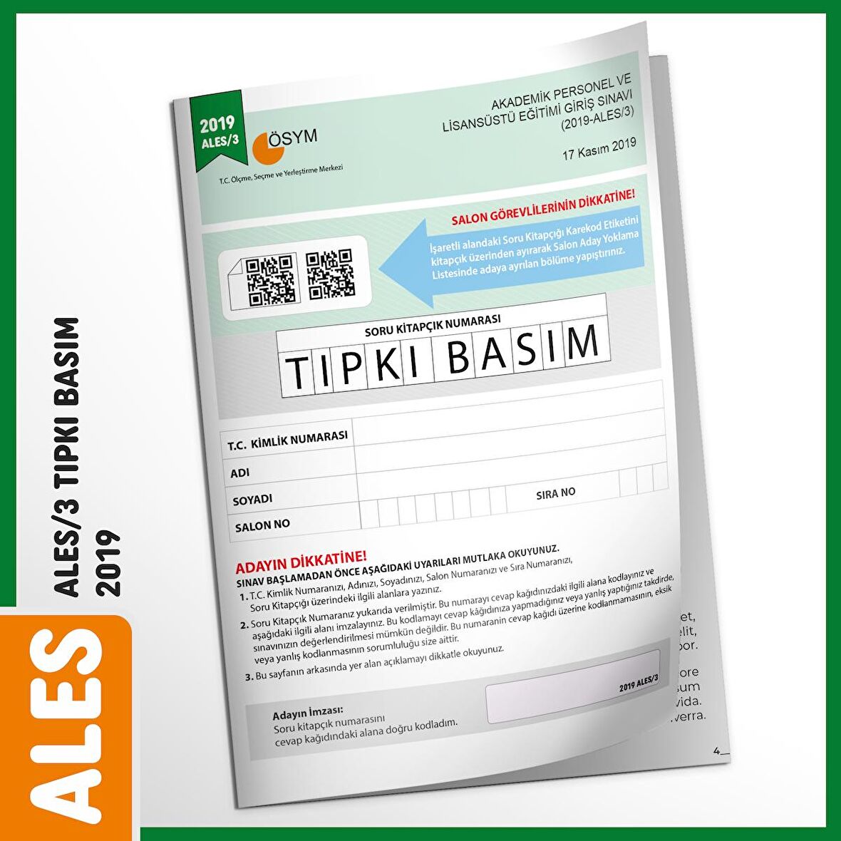 ALES 2019/3 Kasım ÖSYM Tıpkı Basım Çıkmış Soru Türkiye Geneli Dijital Çözümlü Deneme Kitapçığı