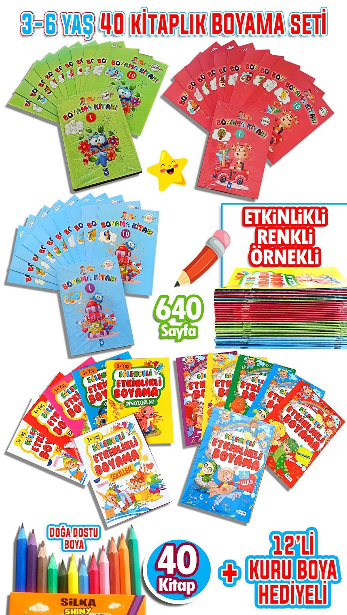 Kuru Boya Hediyeli Eğitici Etkinlikli Boyama Seti 40 Kitap