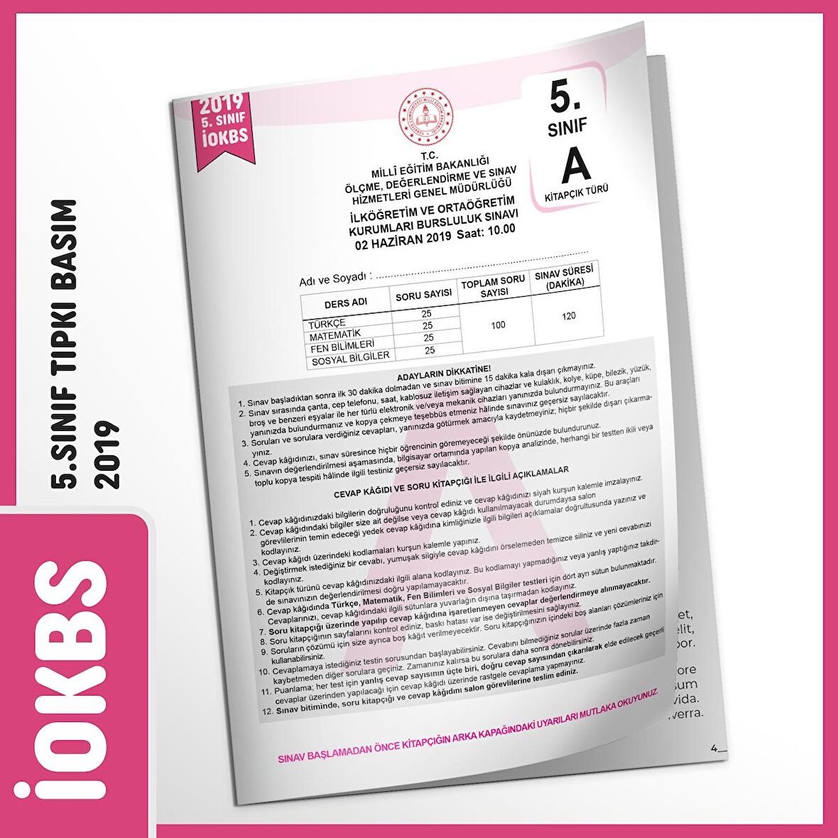 2019 5.Sınıf İOKBS BURSLULUK Çıkmış Soru Tıpkı Basım Türkiye Geneli Dijital Çözümlü Deneme Sınavı