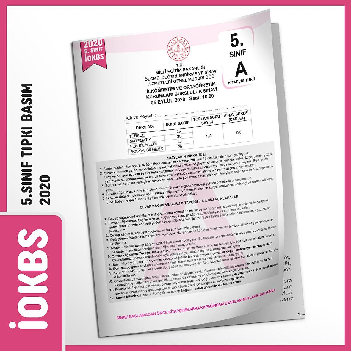 2020 5.Sınıf İOKBS BURSLULUK Çıkmış Soru Tıpkı Basım Türkiye Geneli Dijital Çözümlü Soru Kitapçığı