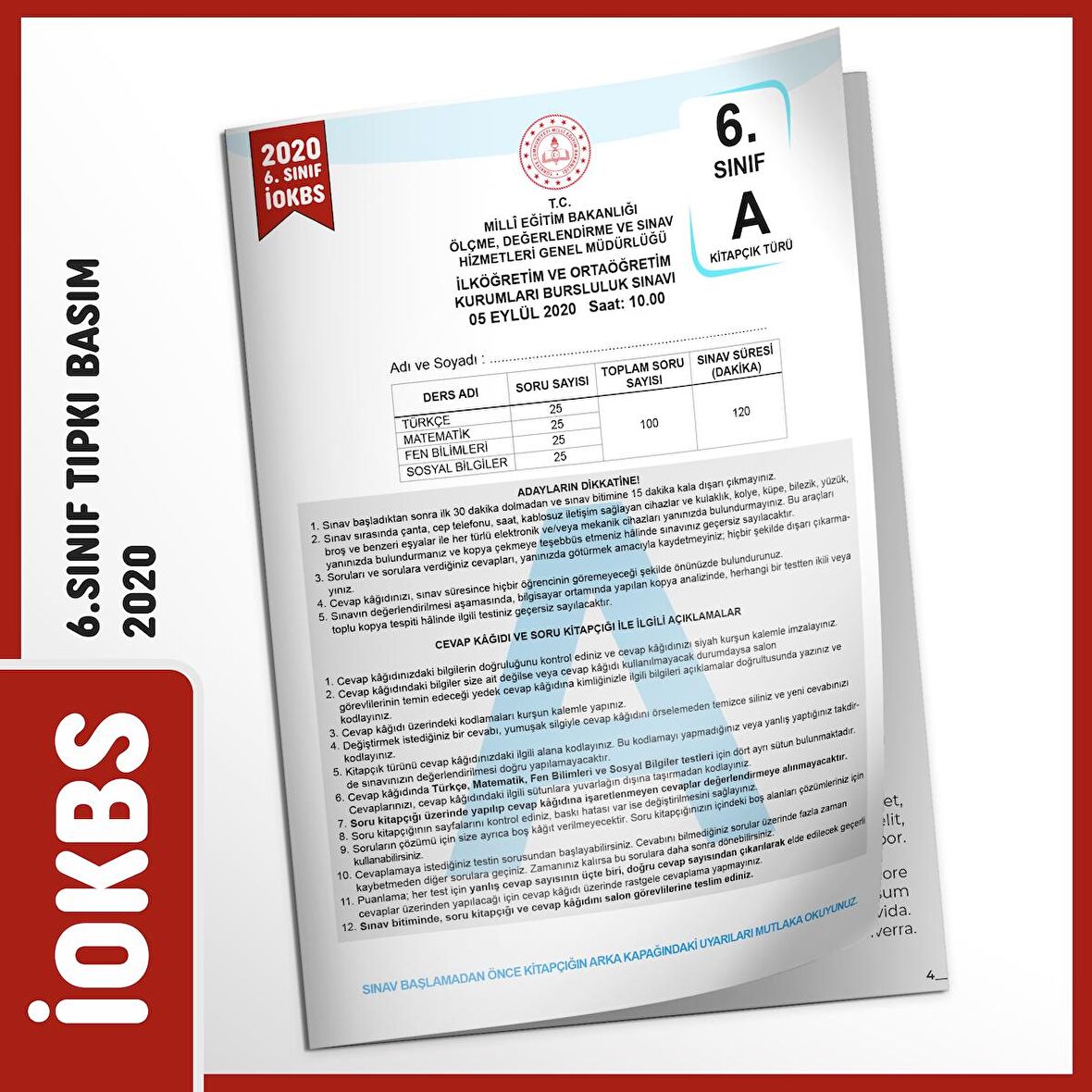2020 6.Sınıf İOKBS BURSLULUK Çıkmış Soru Tıpkı Basım Türkiye Geneli Dijital Çözümlü Soru Kitapçığı