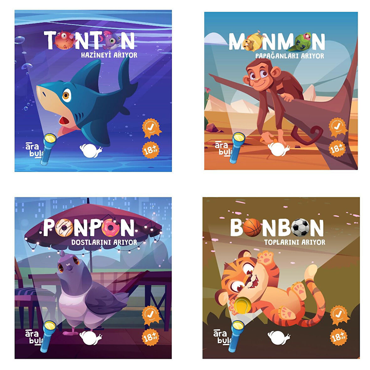 Çikolata Yayınları Ara Bul Fenerli Kitap Monmon-Bonbon-Tonton-Ponpon Set-Meltem Erinçmen KTP