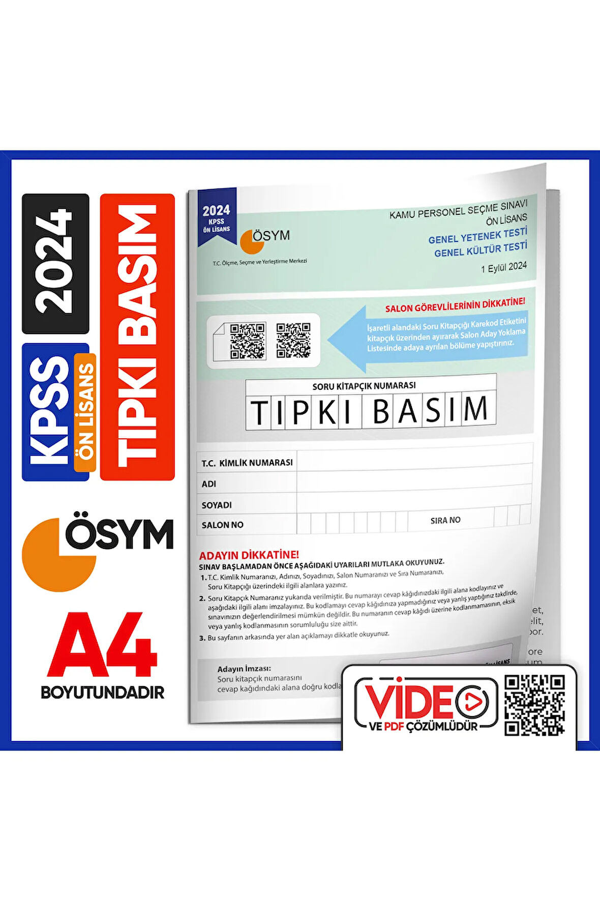 2024 KPSS Önlisans ÖSYM Tıpkı Basım Çıkmış Soru Deneme Kitapçığı Video/PDF Çözümlü Türkiye Geneli