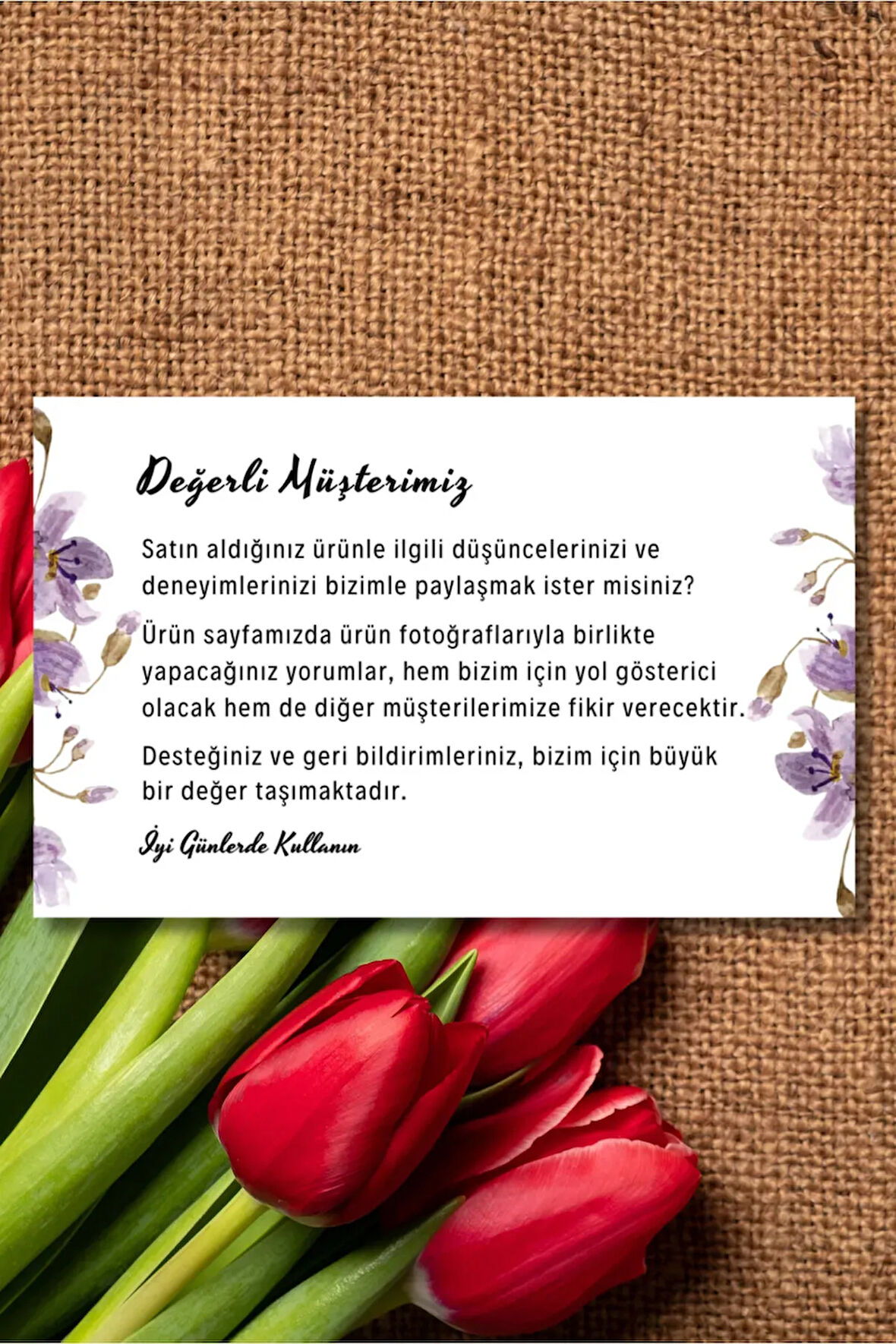 Müşteri Deneyimi ve Yorum İçin Teşekkür Kartı 100 adet 8 cmx5 cm Yüksek Kaliteli 300 gr Mat Kuşe