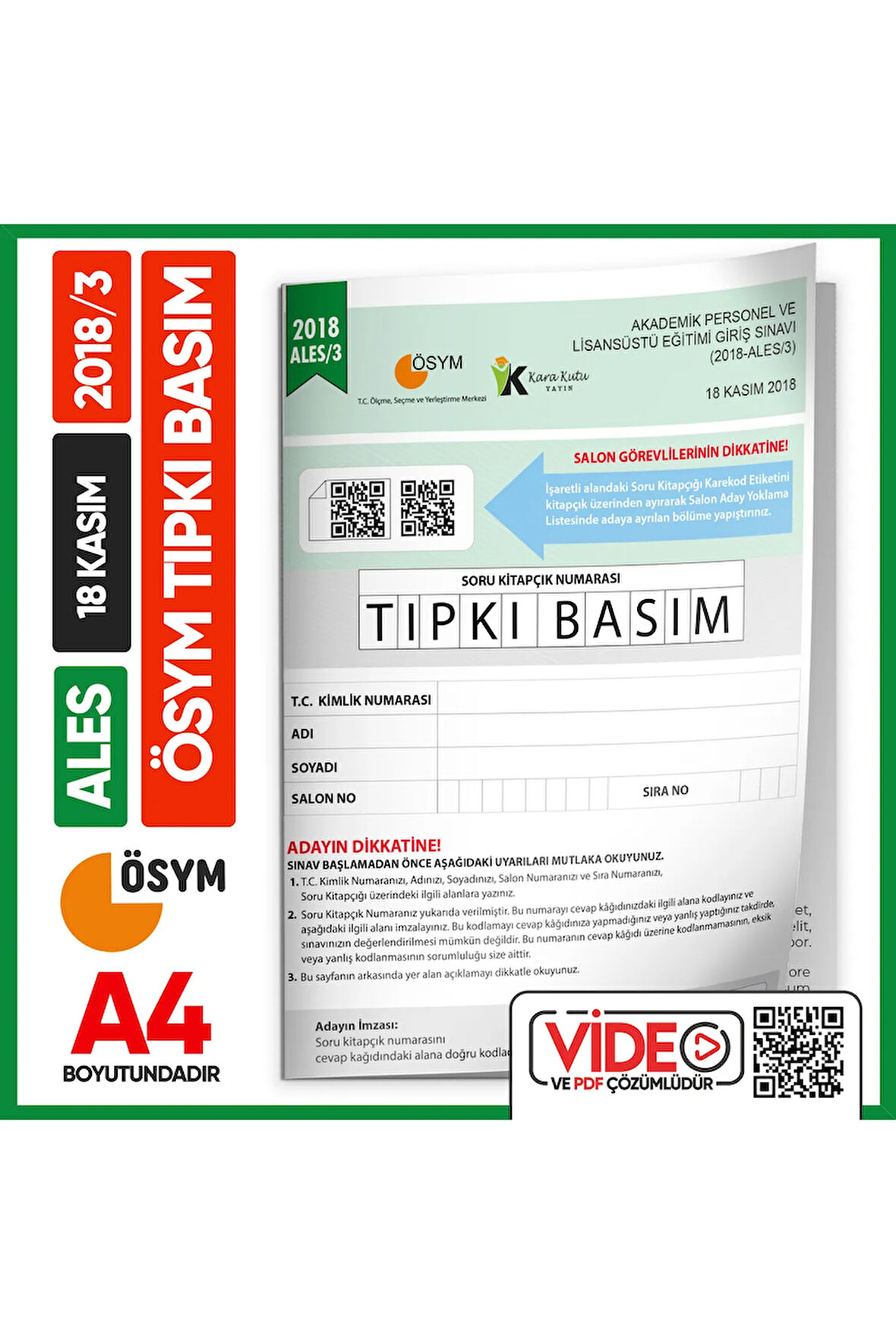 ALES 2018/3 (KASIM) ÖSYM Tıpkı Basım Çıkmış Soru Deneme Kitapçığı Video/PDF Çözümlü Türkiye Geneli