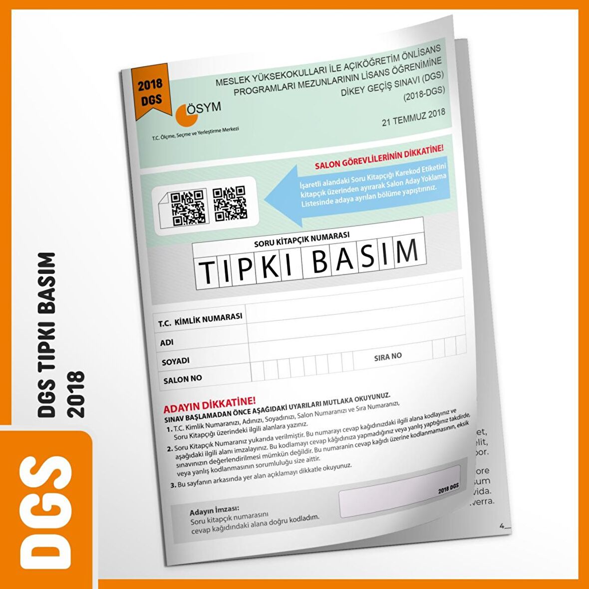 DGS 2018 ÖSYM Çıkmış Soru Tıpkı Basım Türkiye Geneli Dijital Çözümlü Deneme Sınavı Kitapçığı