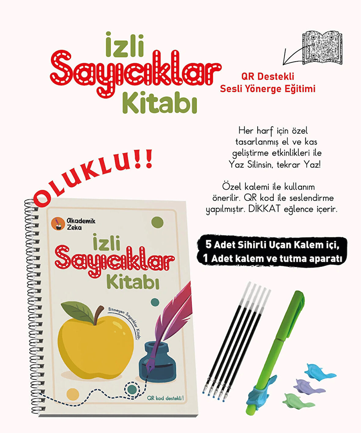 İzli Sayıcıklar Kitabı Oluklu( 1 adet sihirli uçan kalem- tutma aparatı, 5 adet kalem içi)