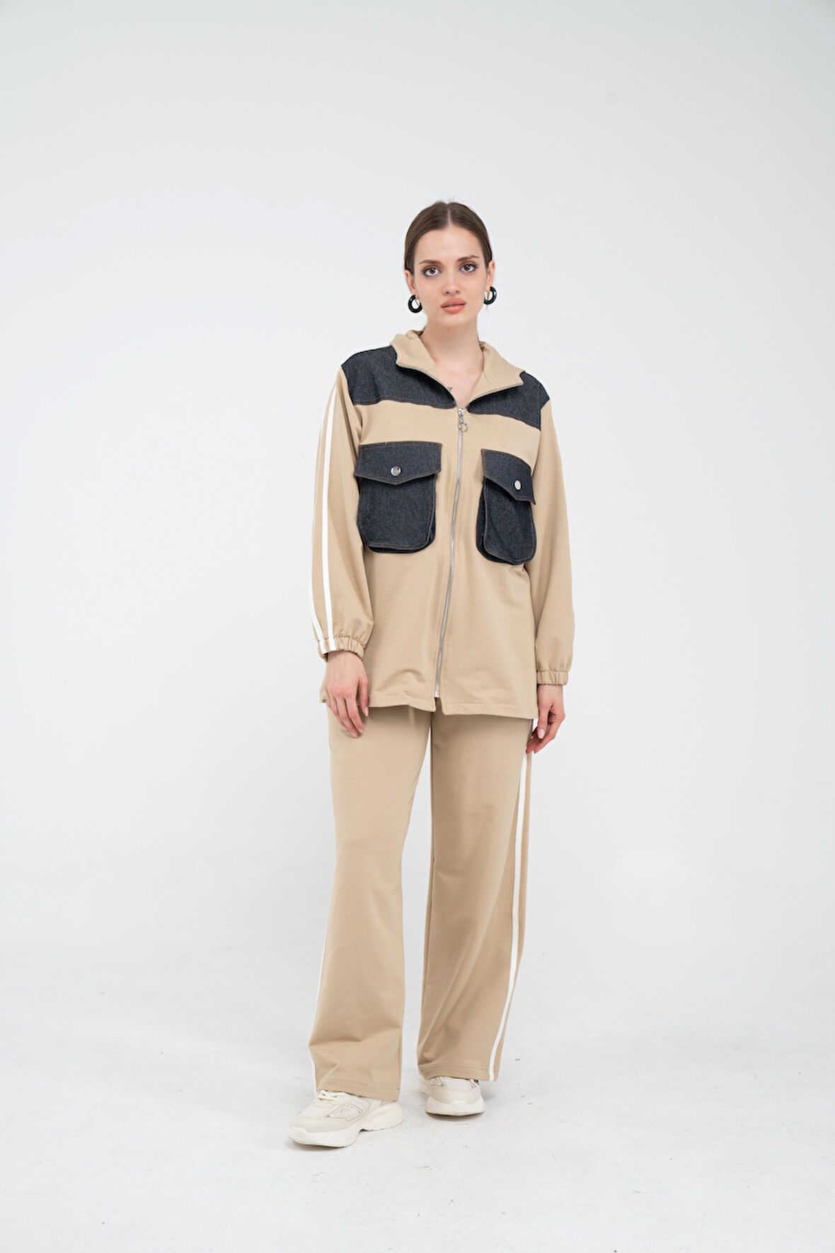 Kontrast Detaylı Fermuarlı Spor İkili Takım K1748