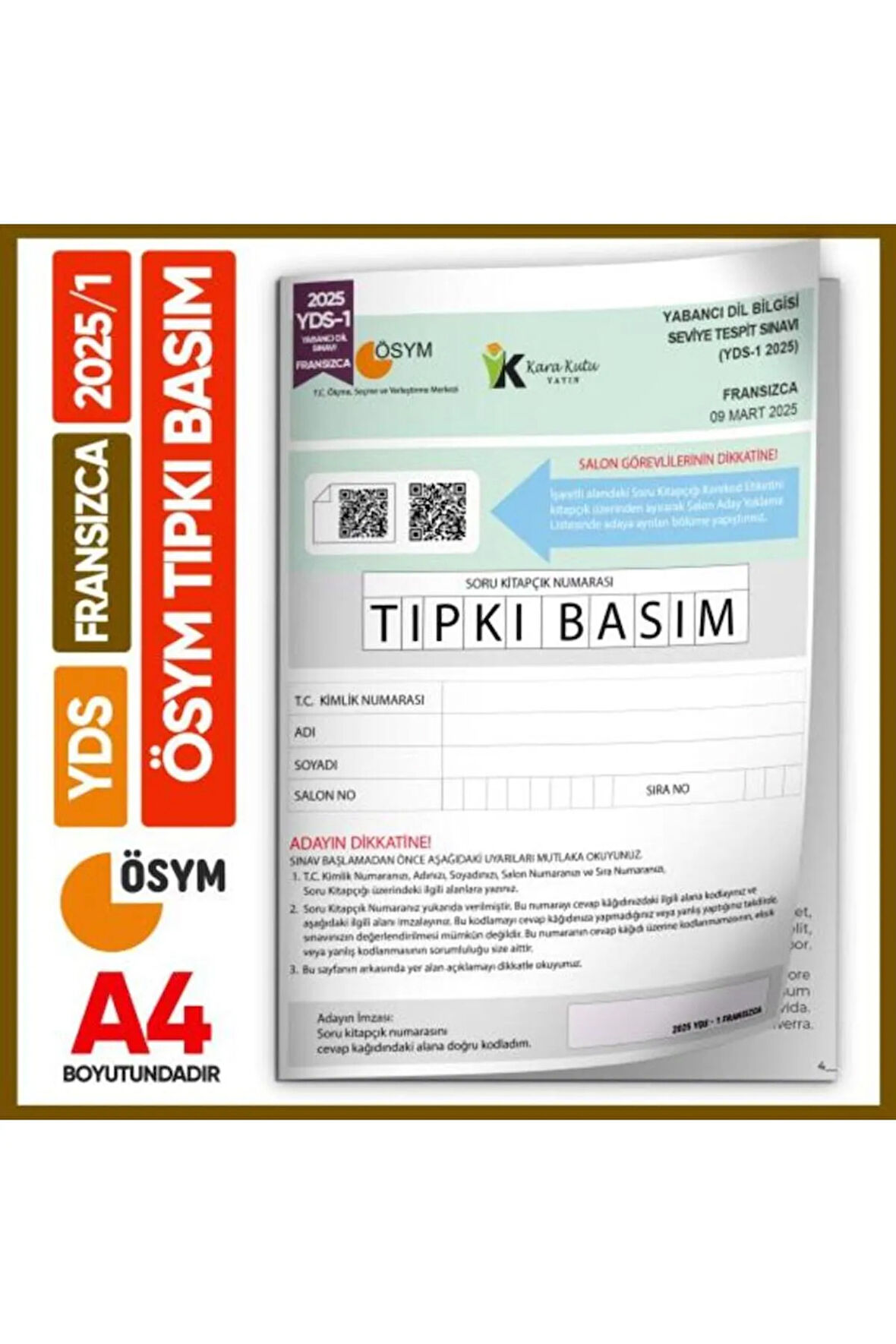 YDS Fransızca 2025/1 Yabancı Dil Sınavı ÖSYM Tıpkı Basım Çıkmış Soru Deneme Kitapçığı (e-YDS uygun)