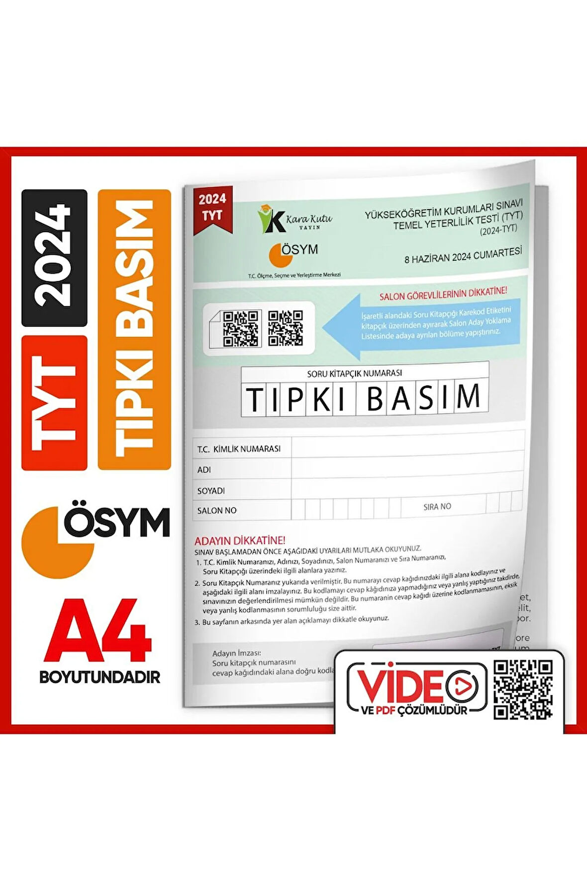2024 YKS-TYT (SAY-TM-SÖZ) ÖSYM Tıpkı Basım Çıkmış Soru Kitapçığı (Video Çözümlü Türkiye Geneli)