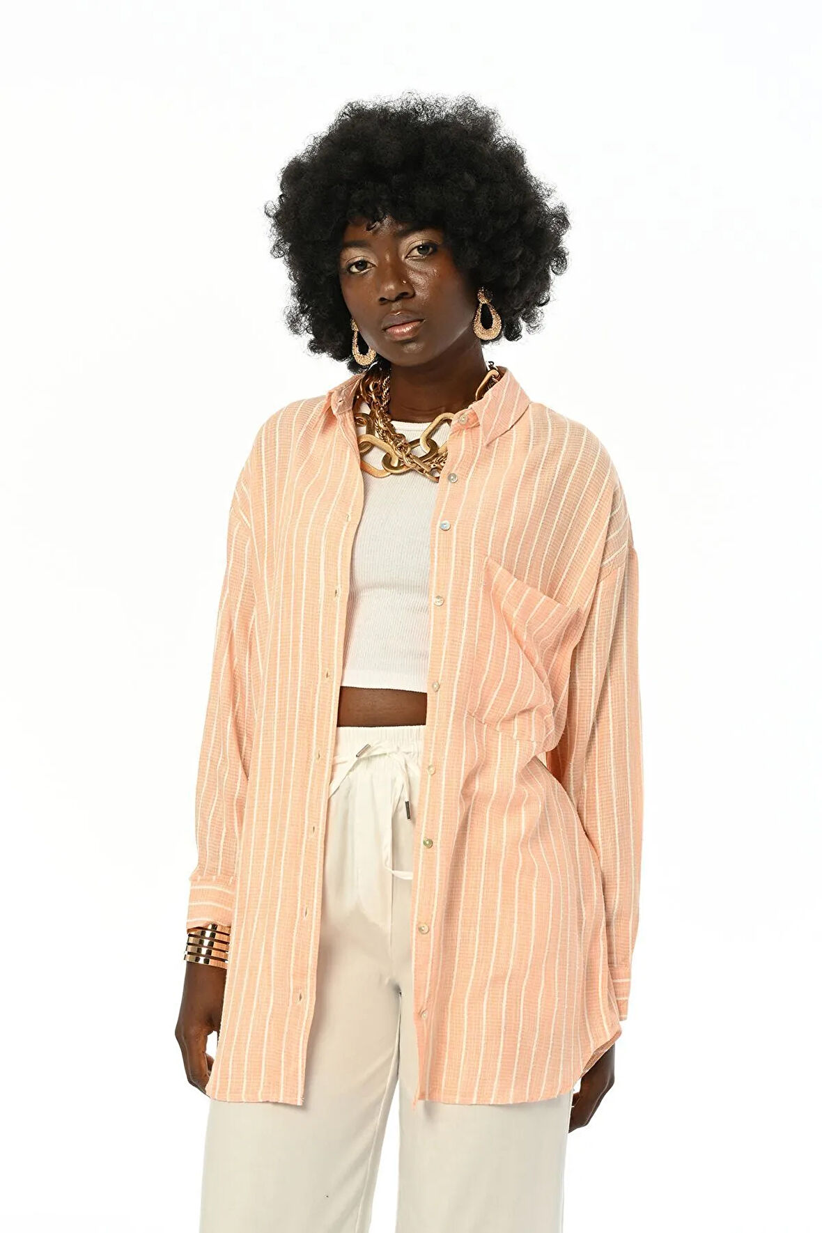 KADIN TEK CEPLİ  ÇİZGİLİ GÖMLEK