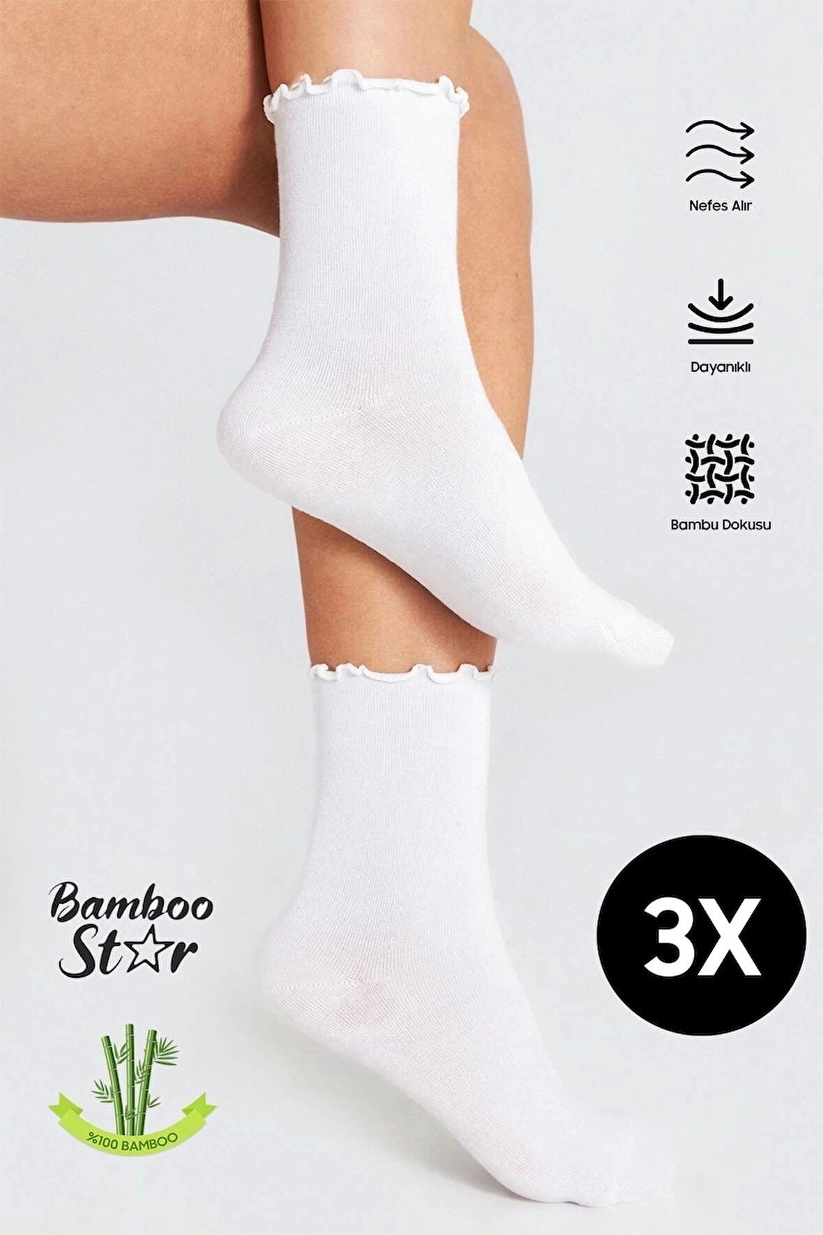 Bambu Kadın Beyaz Fırfırlı Lastiksiz Dikişsiz Kadın Soket 3Lü Beyaz Çorap/İz Bırakmaz /SıkmayanÇorap