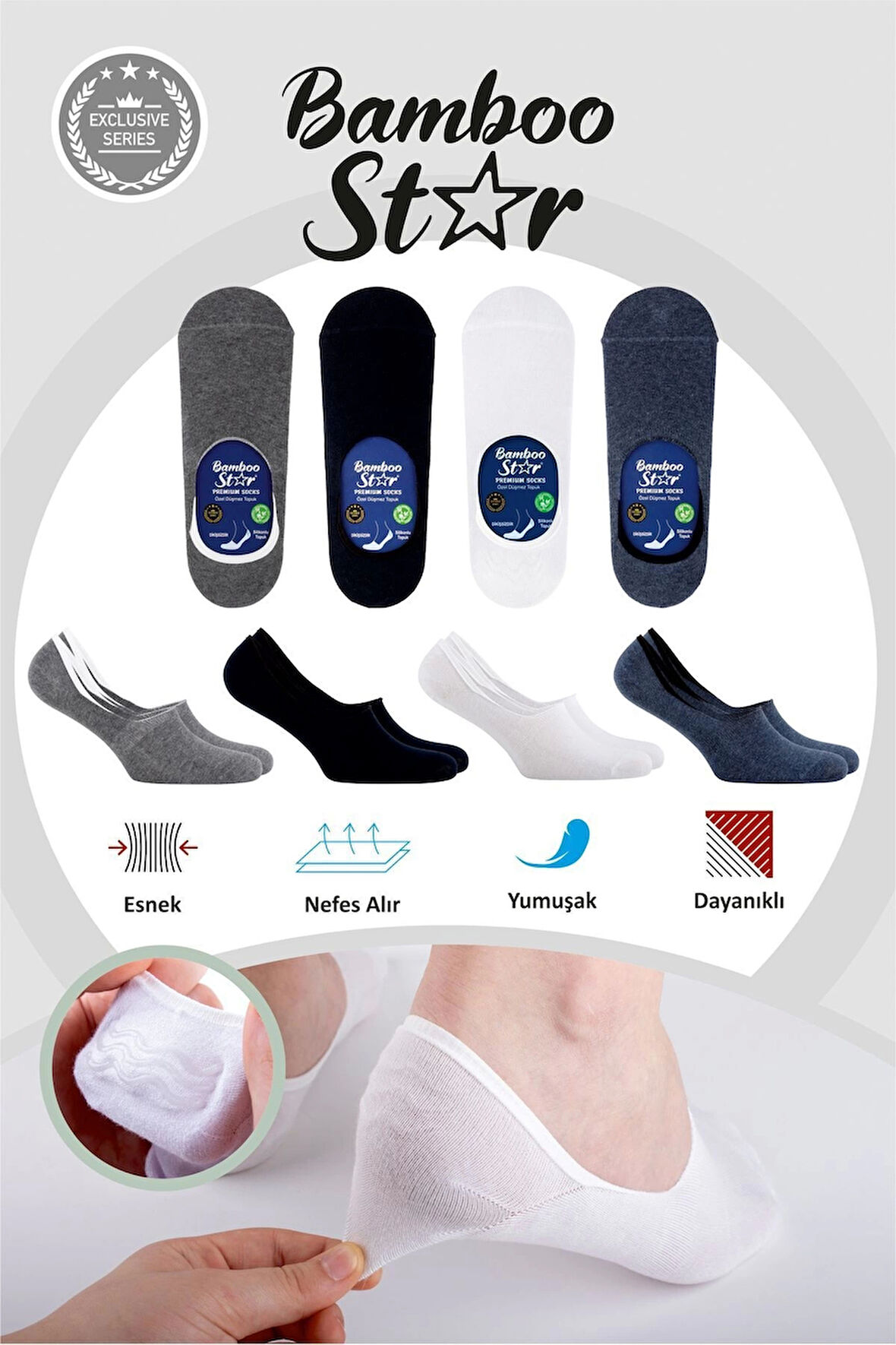 Erkek Babet Asorti Çorap Dikişsiz Görünmez Kaydırmaz Topuk Silikonlu Premium 4'lü Paket