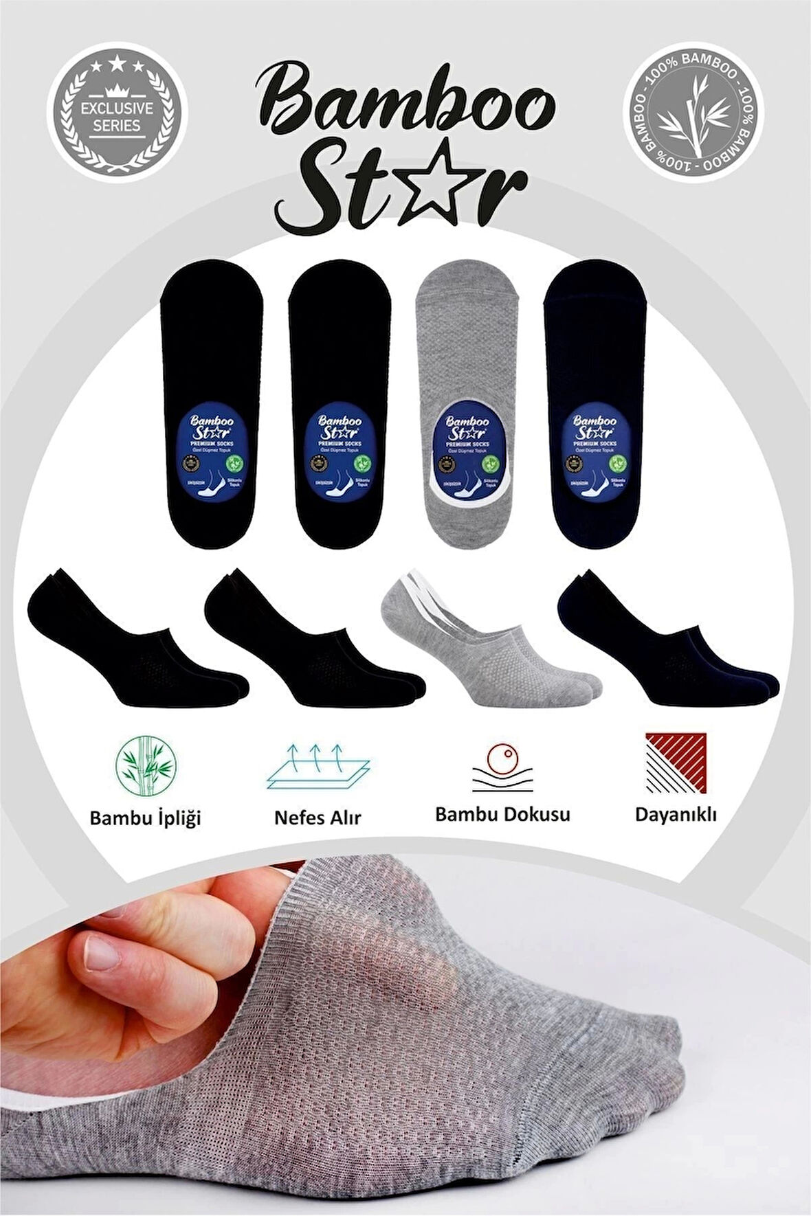 Bambu Erkek Çorap Dikişsiz Görünmez Terletmez Fileli Kaydırmaz Topuk Silikonlu Premium 4lü Paket