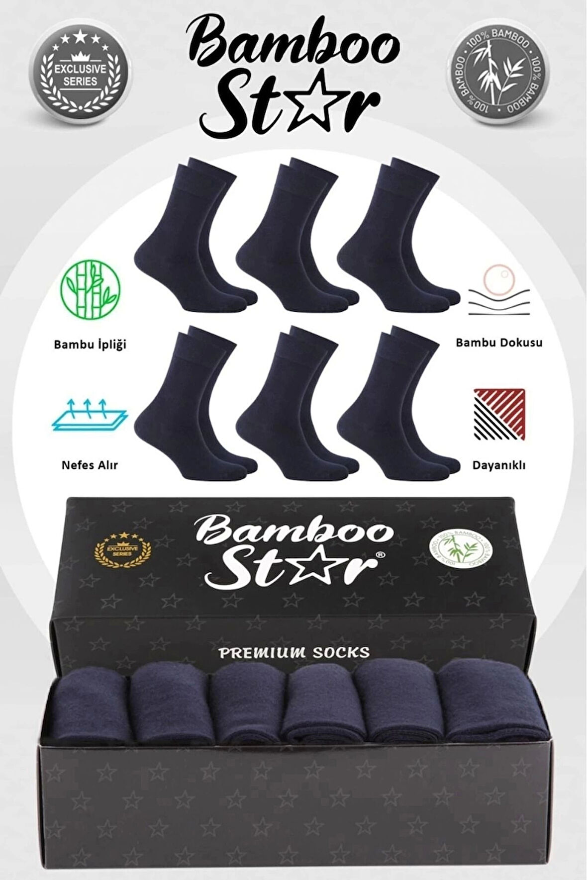 Bambu Erkek Soket Uzun Düz Lacivert Dikişsiz 6'lı Premium Kutulu Çorap