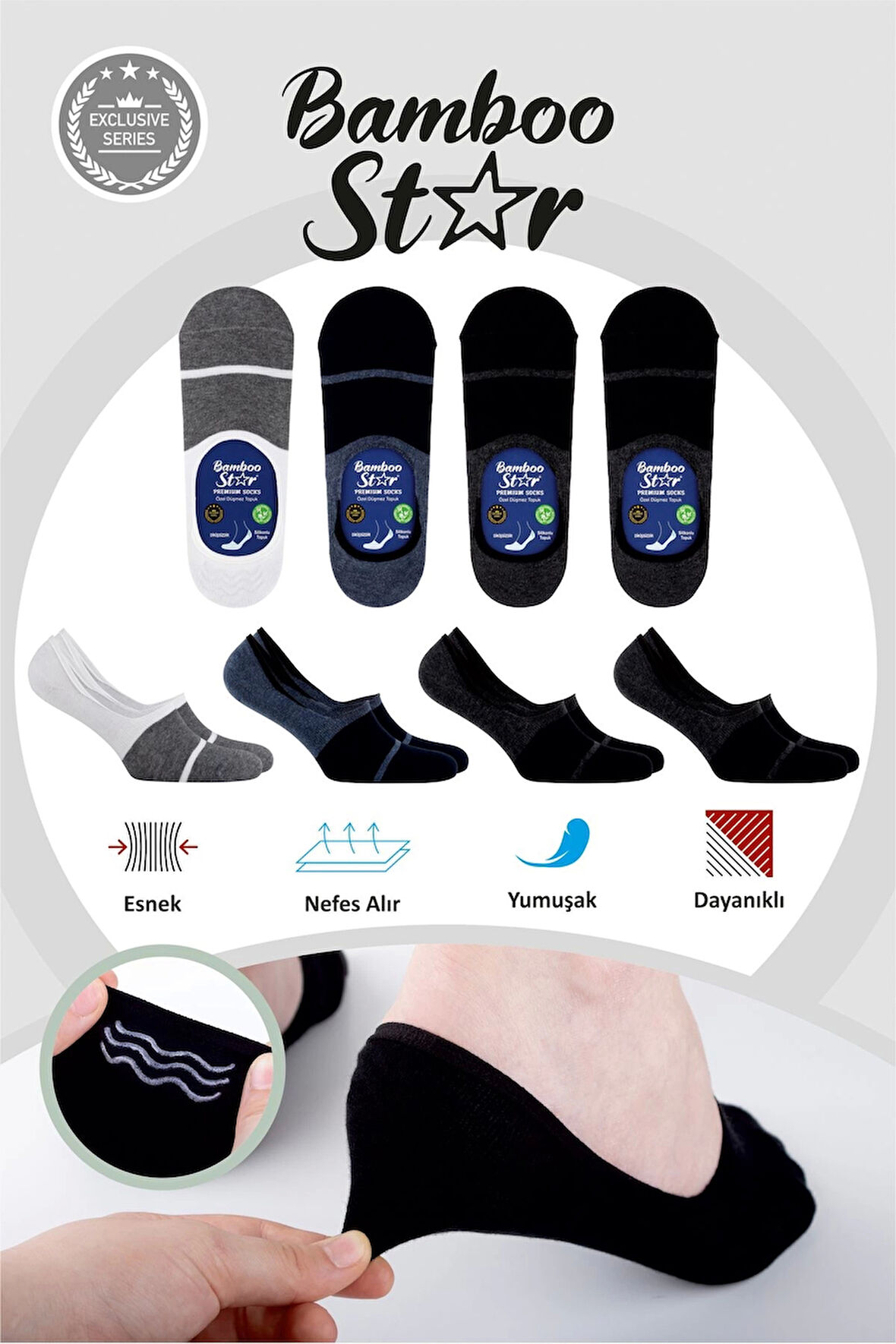 Erkek Babet Asorti Şerit Desenli Çorap Dikişsiz Görünmez Kaydırmaz Topuk Silikonlu Premium4'lü Paket