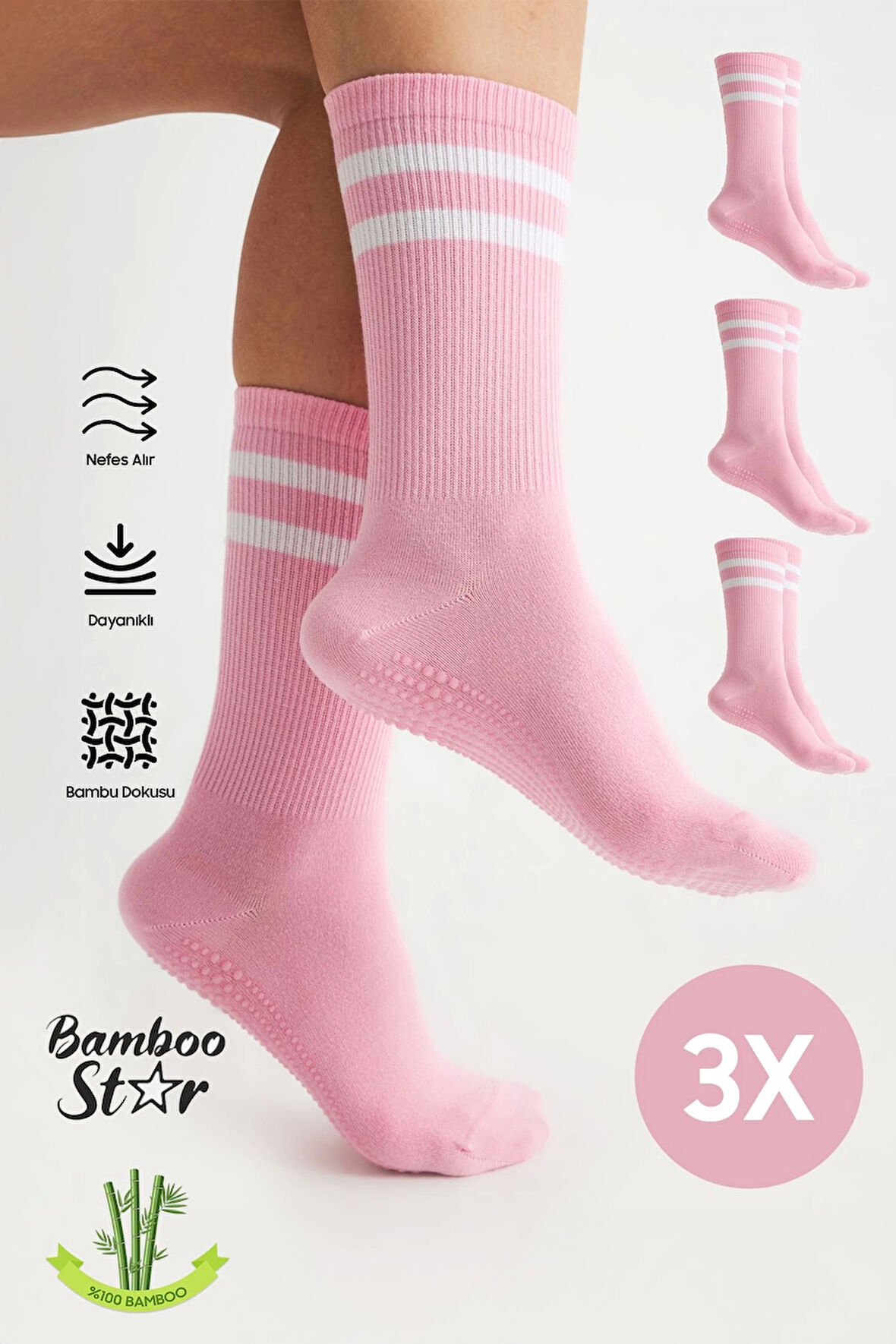 Bambu Kadın Pembe Kaydırmaz Taban Silikon Baskı Yoga Fitness Pilates Bale Dans Tenis Çorabı 3'lü