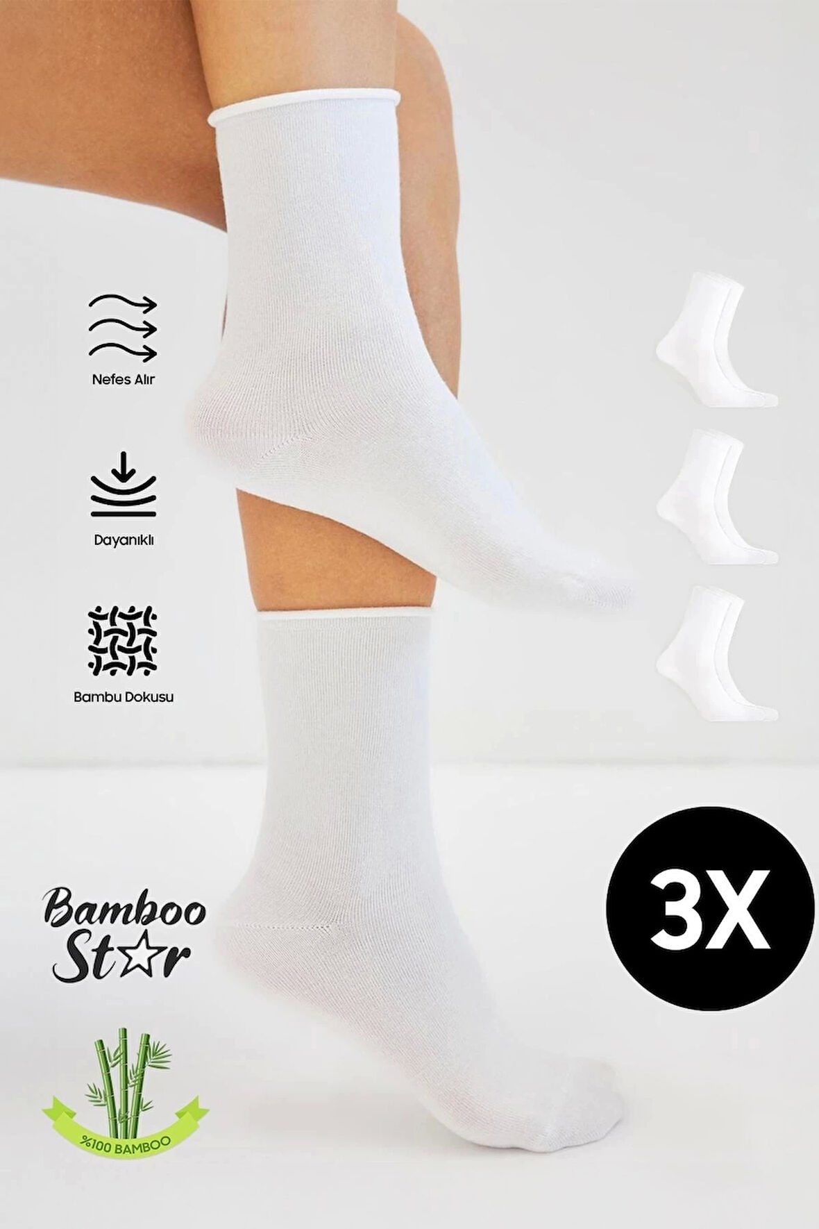 Bambu Kadın Lastiksiz Beyaz Soket Dikişsiz Premium Çorap 3'lü Paket / Sıkmayan Çorap / İz Bırakmaz