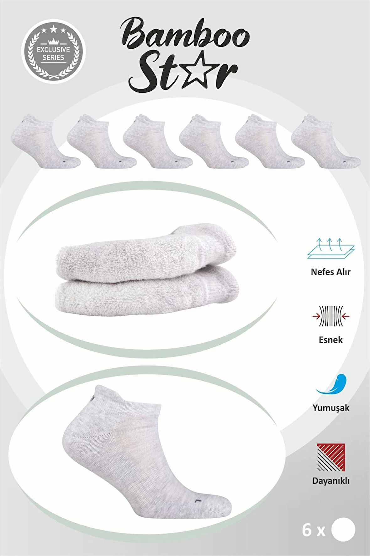Erkek Havlu Kışlık Patik Çorap, Spor, Antibakteriyel , Esnek, Dikişsiz Açık Gri 6lı Premium Çorap