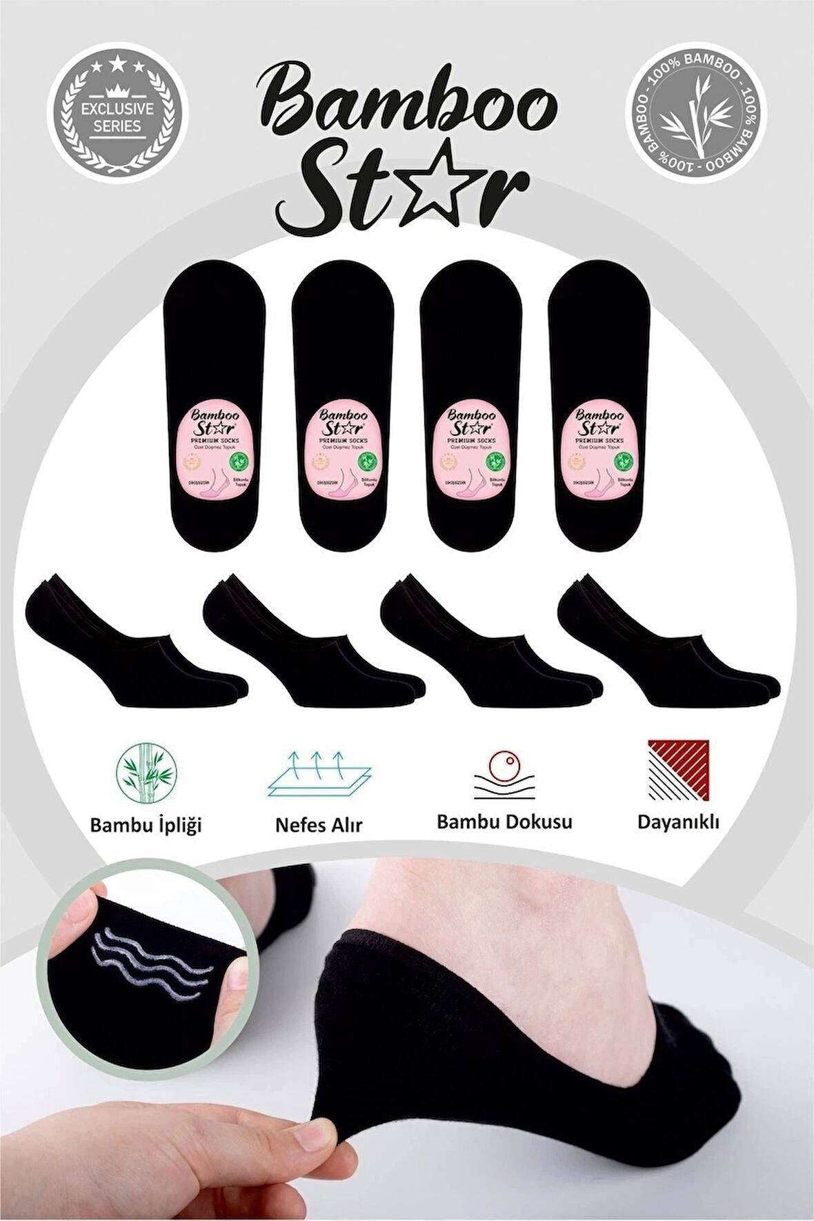 Bambu Kadın Babet Siyah Çorap Dikişsiz Görünmez Kaydırmaz Topuk Silikonlu Premium 4'lü Siyah Paket