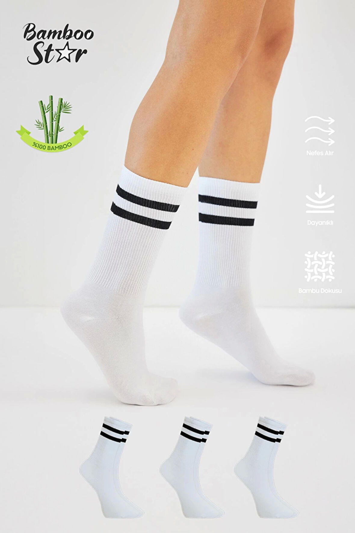 Bambu Tenis Çizgili Premium  Kolej Çorabı Unisex Beyaz Dikişsiz Soket Çorap 3'lü Paket