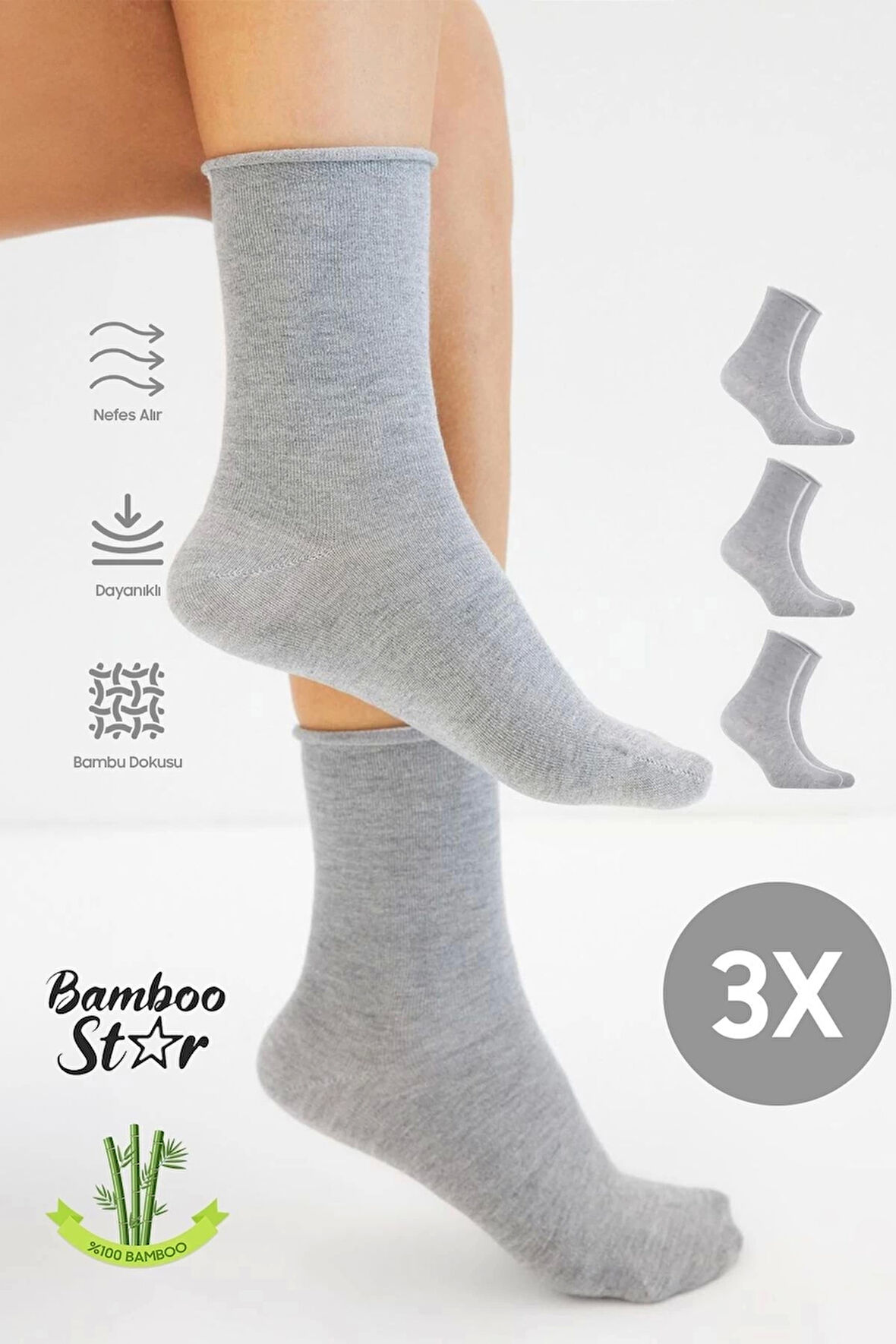 Bambu Kadın Lastiksiz Gri Soket Dikişsiz Premium Çorap 3'lü Paket / Sıkmayan Çorap / İz Bırakmaz
