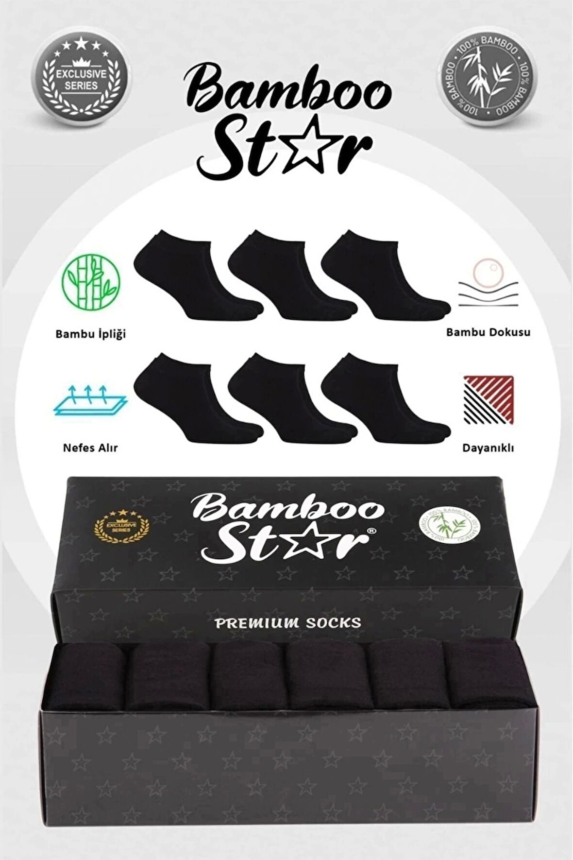 Bambu Erkek Patik Düz Siyah Çorap Dikişsiz Premium Kutulu 6'lı
