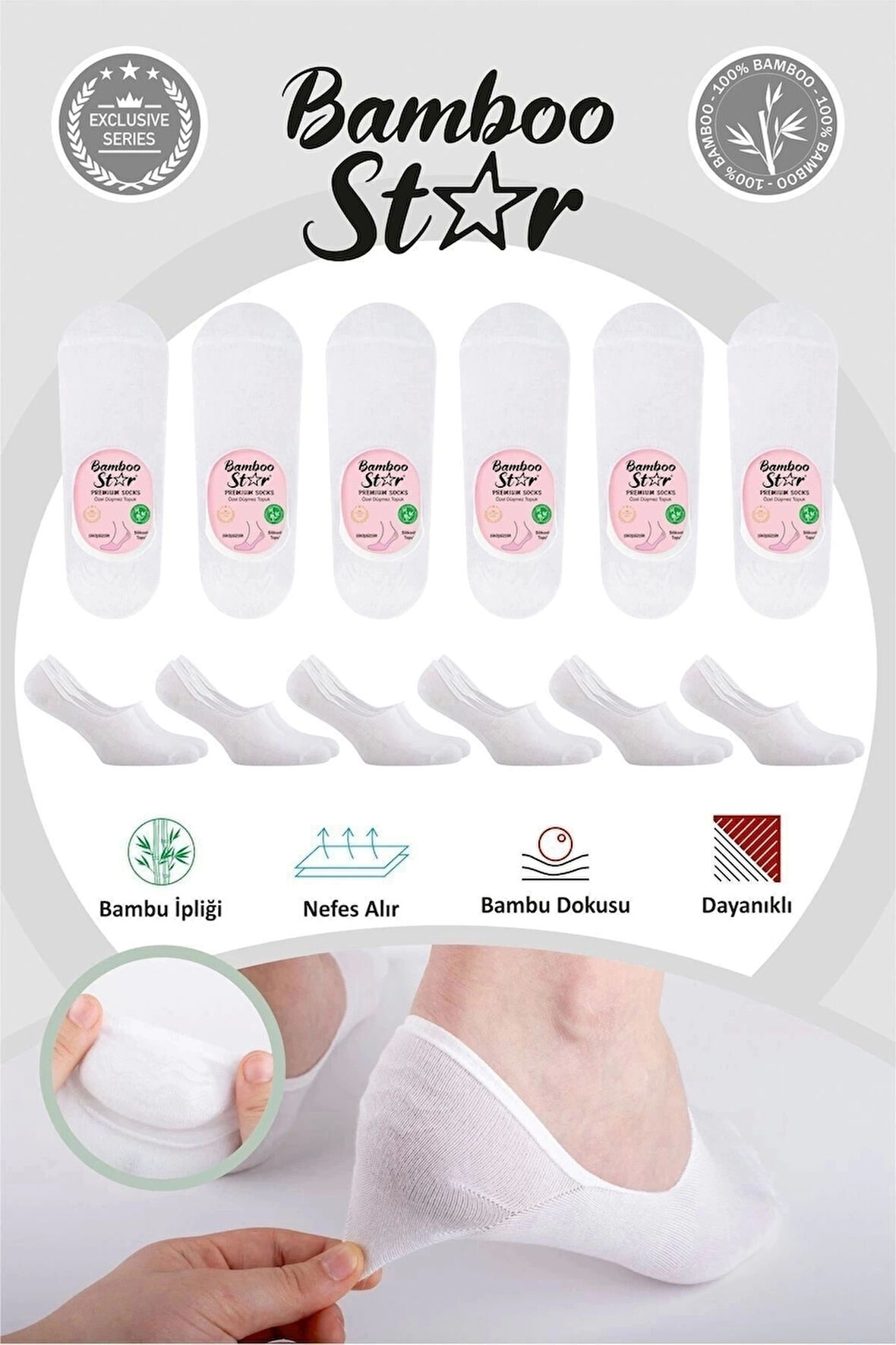 Bambu Kadın Babet Beyaz Çorap Dikişsiz Görünmez Kaydırmaz Topuk Silikonlu Premium 6'lı Beyaz Paket