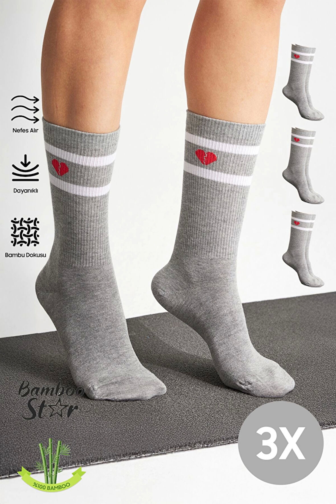 Bambu Kadın Gri Kalp Desenli Tenis Çizgili Premium Kolej Çorabı Dikişsiz Soket Çorap 3'lü Paket