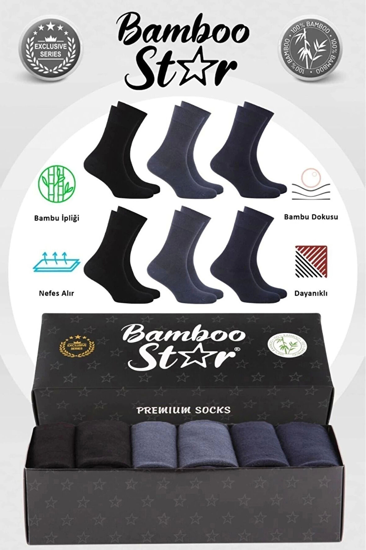 Bambu Erkek Soket Uzun Düz Dikişsiz Asorti Çorap 6'lı Premium Kutulu (2 SİYAH - 2 FÜME - 2 LACİVERT)