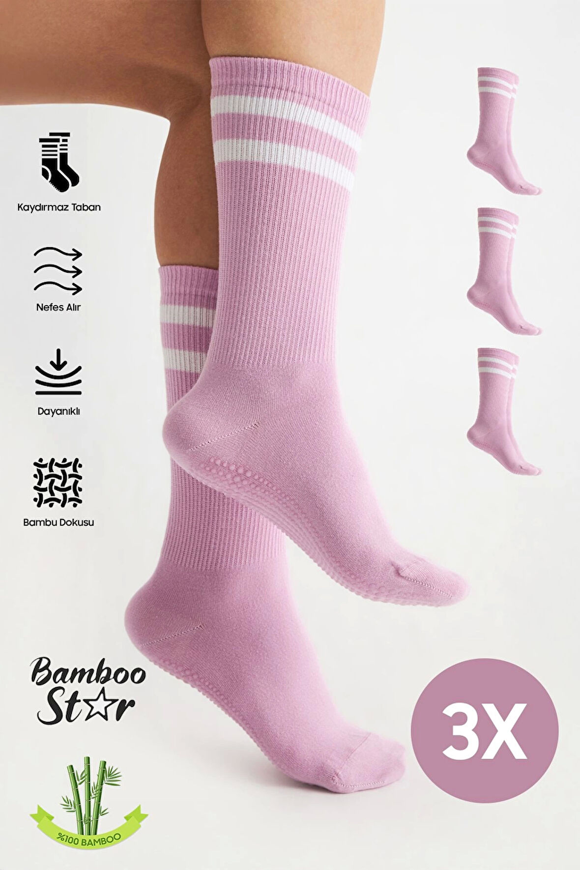 Bambu Kadın Lila Kaydırmaz Taban Silikon Baskı Yoga Fitness Pilates Bale Dans Tenis Çorabı 3'lü