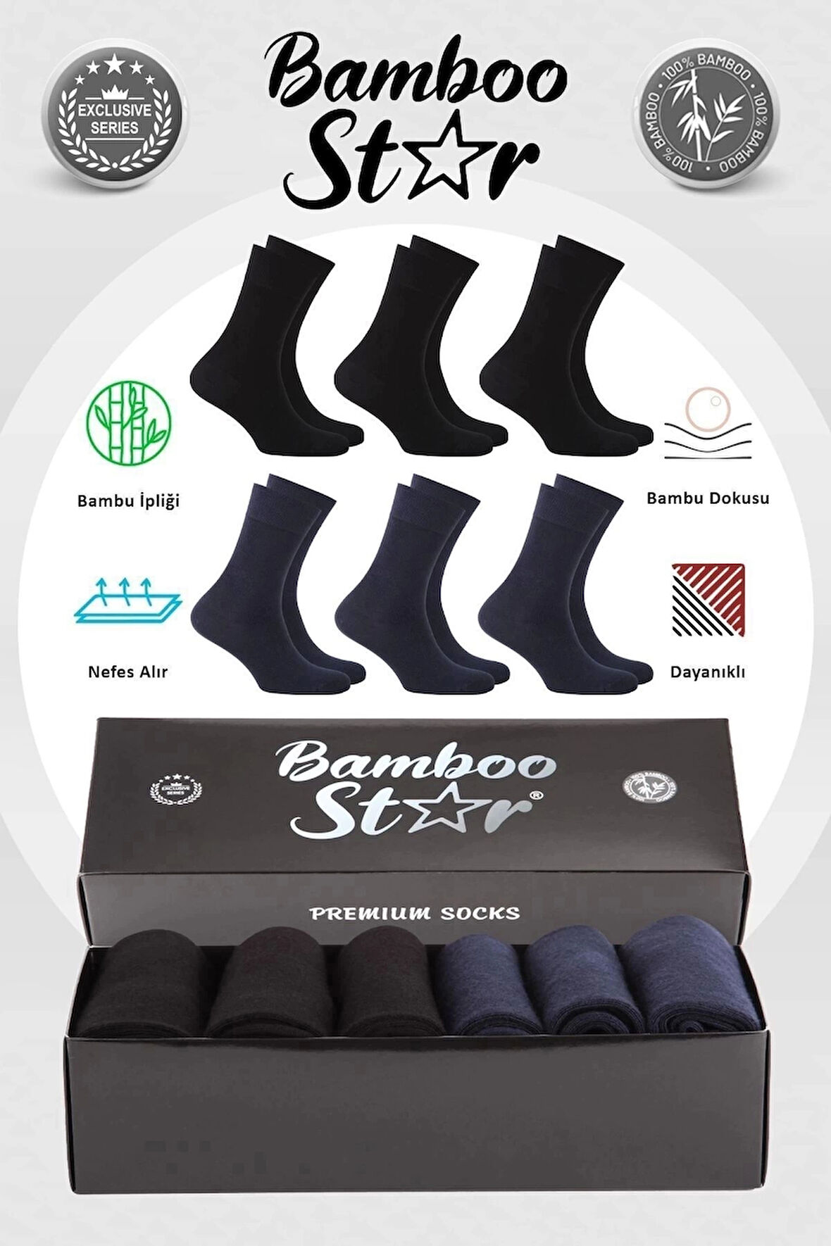 Bambu Erkek Soket Uzun Düz Asorti Çorap Dikişsiz 6'lı Premium Kutulu (3 SİYAH - 3 LACİVERT)