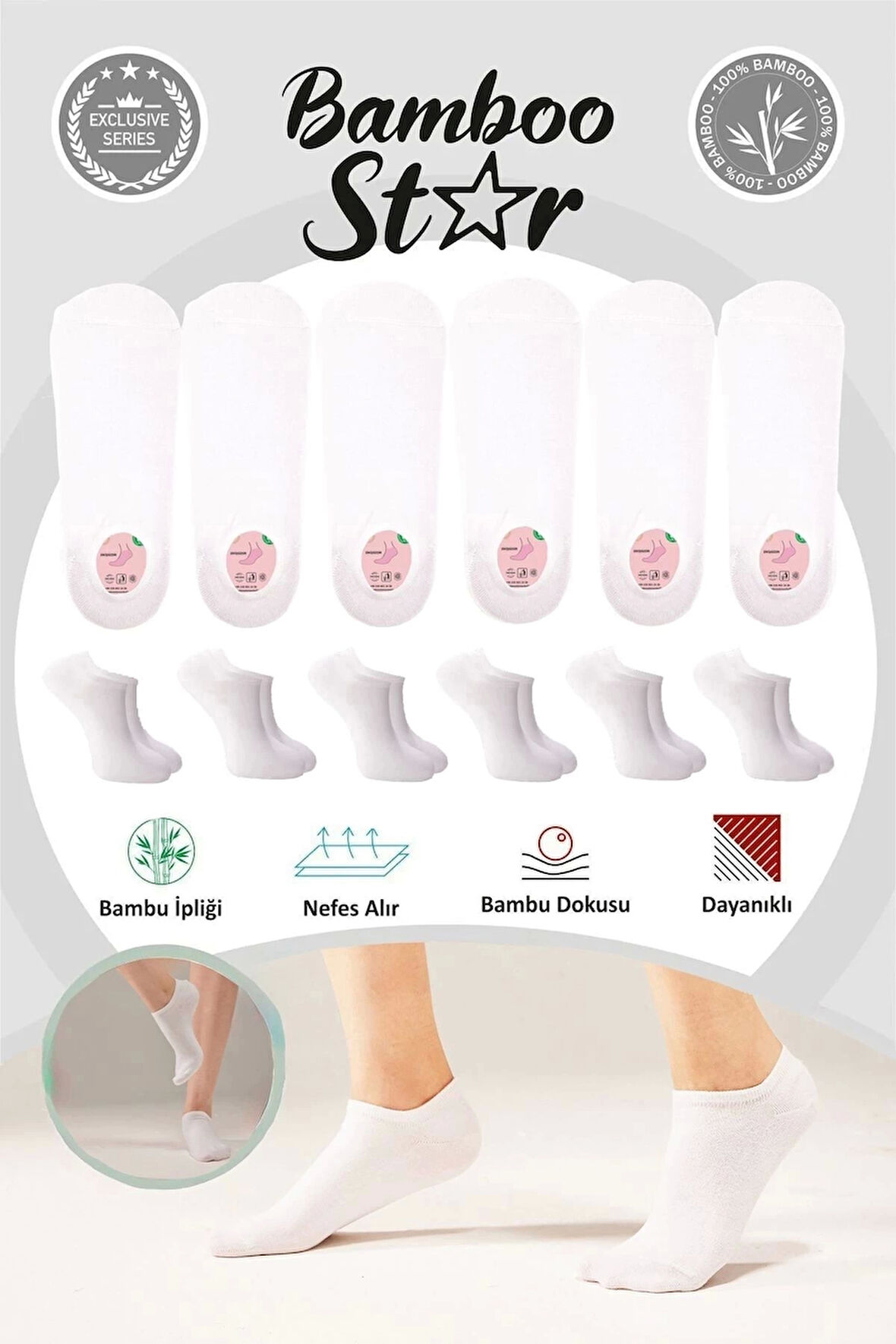 Bambu Kadın Sneaker Beyaz Çorap Dikişsiz Görünmez Bilekte Görünmez Spor Çorap Premium 6'lı Paket