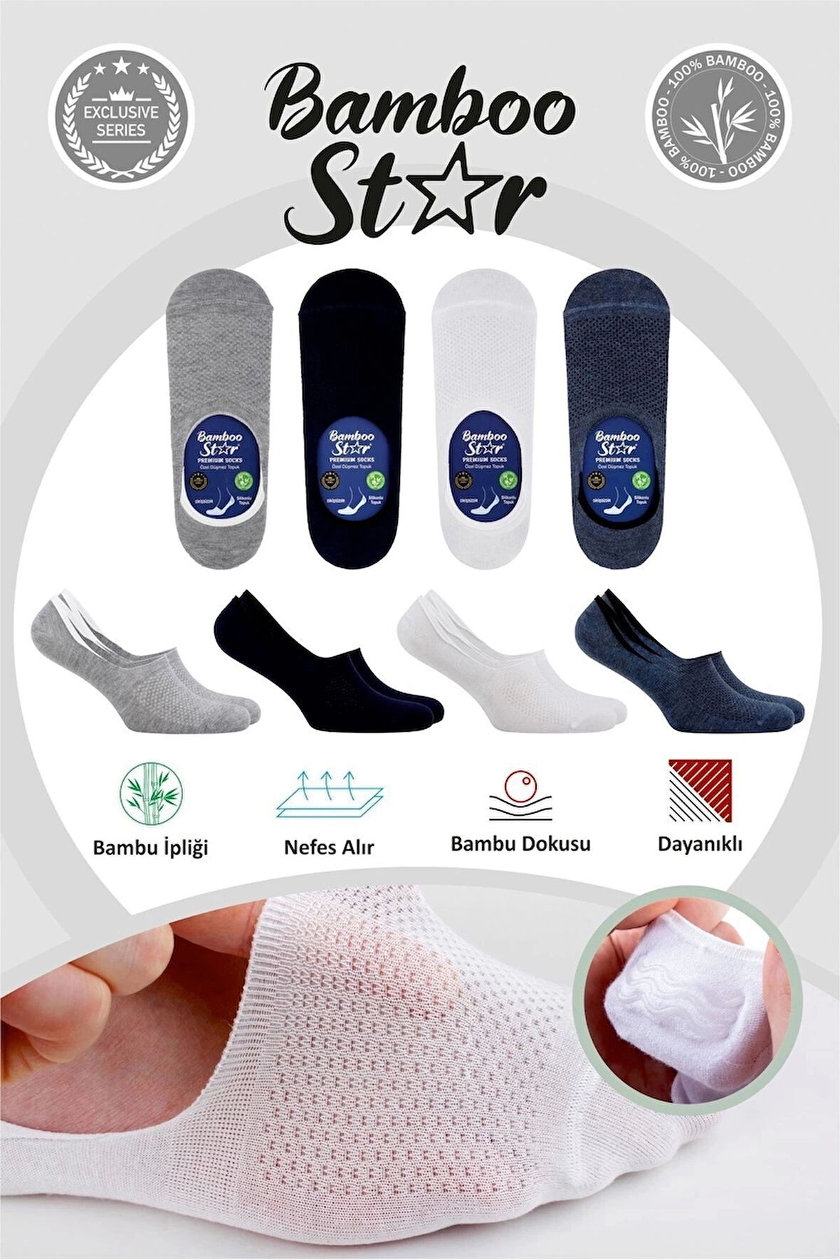 Bambu Erkek Çorap Dikişsiz Görünmez Terletmez Fileli Kaydırmaz Topuk Silikonlu Premium 4lü Paket