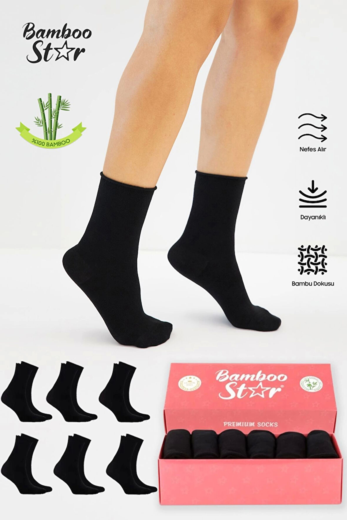 Bambu Kadın Lastiksiz Siyah Soket Dikişsiz Premium Çorap 6'lı Paket Sıkmayan Çorap -iz Bırakmaz
