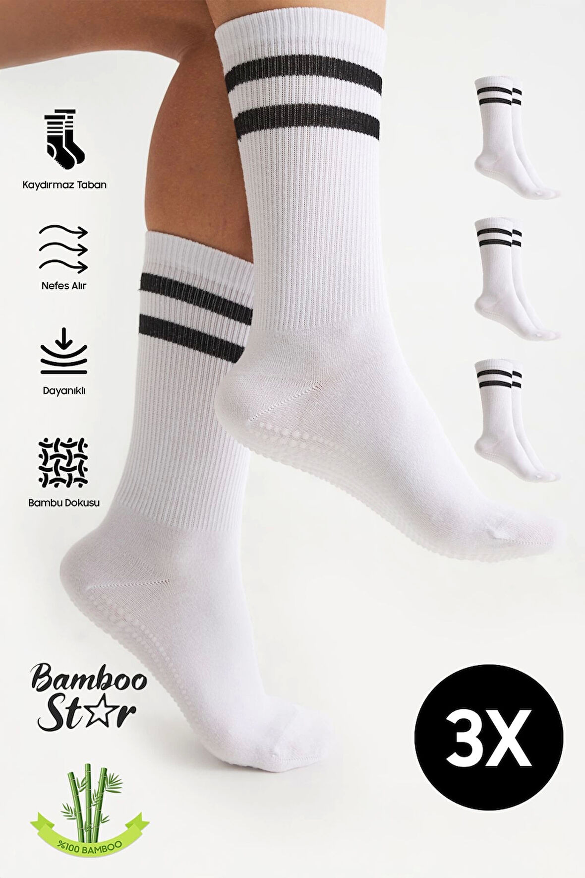 Bambu Kadın Beyaz Kaydırmaz Taban Silikon Baskı Yoga Fitness Pilates Bale Dans Tenis Çorabı 3'lü