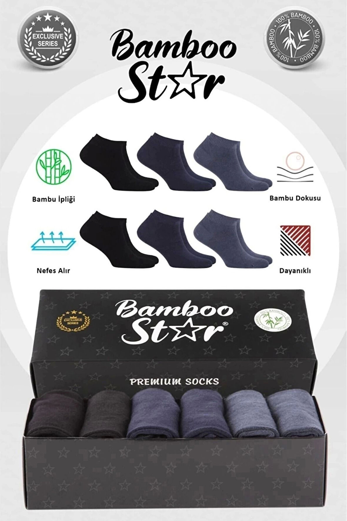 Bambu Erkek Patik Düz Asorti Çorap Dikişsiz Premium Kutulu 6'lı (2 Siyah - 2 Lacivert - 2 Füme)