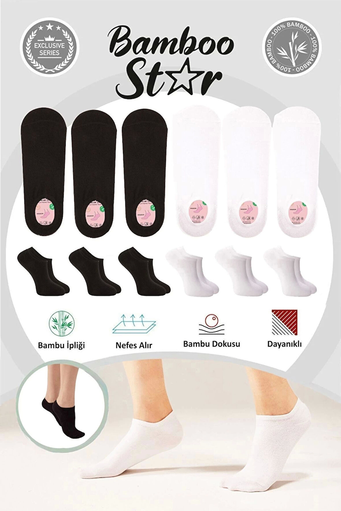 Bambu Kadın Sneaker 3 Siyah - 3 Beyaz Çorap Dikişsiz Bilekte Görünmez Spor Çorap Premium 6'lı Paket